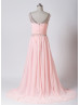 Beaded Blush Pink Ruched Chiffon V Back Prom Dress